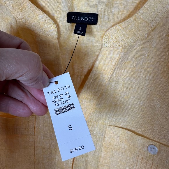 Talbots Popover Top Womens Sz S Yellow Roll Tab Sleeve Linen Beach Nautical NWT! - Picture 4 of 8
